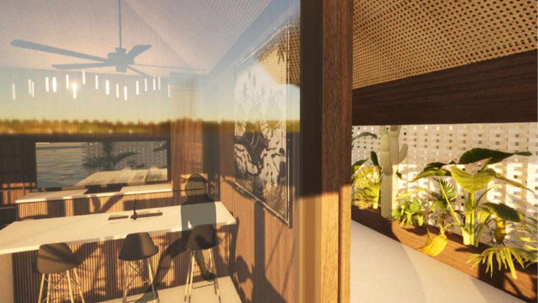 Interior render with dining alcove, woven ceiling, and a planted terrace